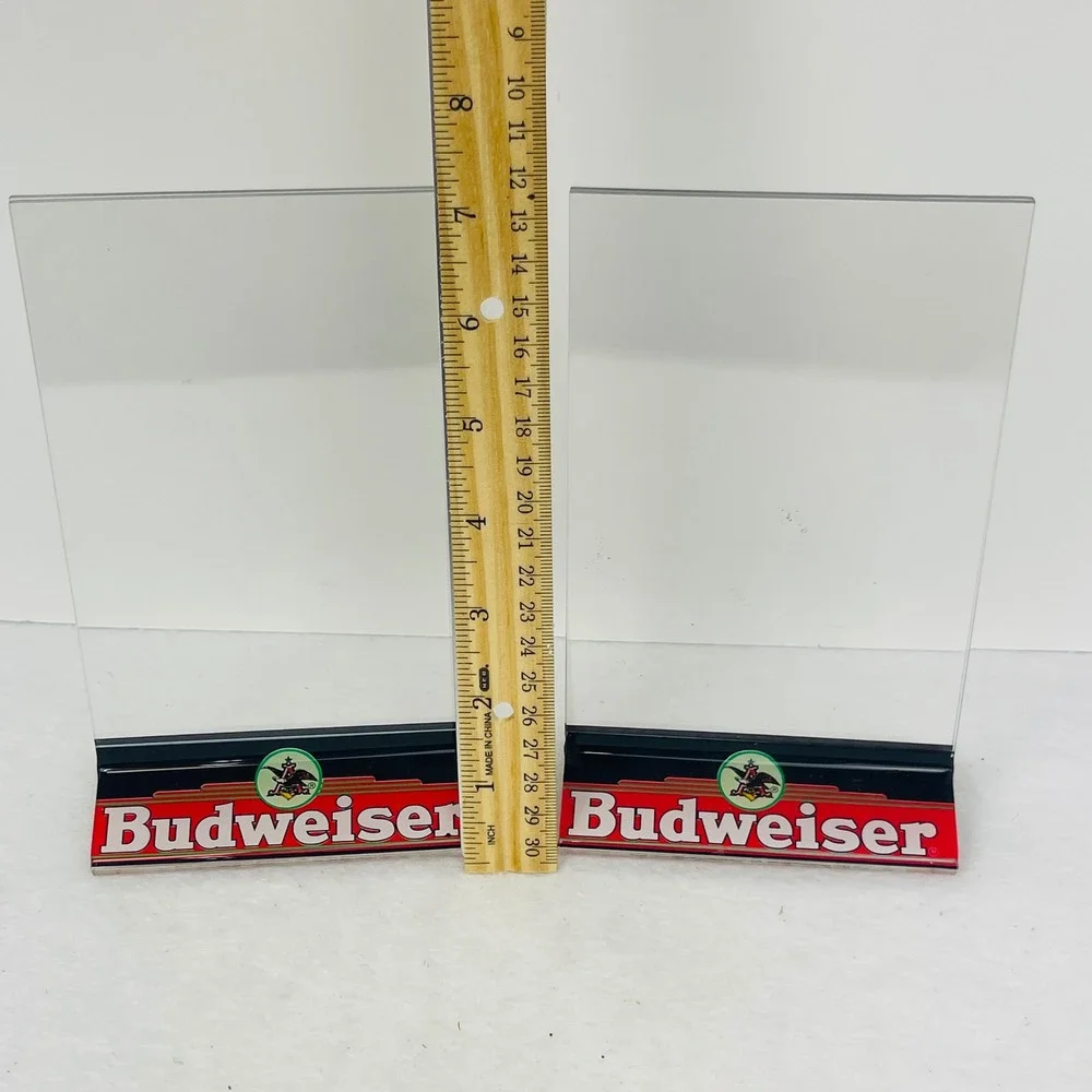 Vintage Budweiser Acrylic Table Tent Sign Holder Pair Clear Bar Menu Display 8in